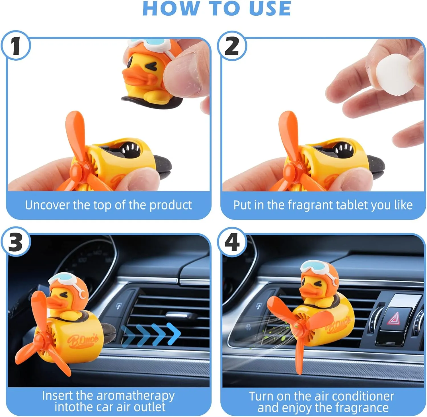 Car Air Freshener Cute Cartoon Yellow Duck Pilot Car Diffuser Rotating Propeller Automotive Air Outlet Fan Creative Car Perfume Decoration Cool Car Accessories Comes with 4 Fragrant Tablets