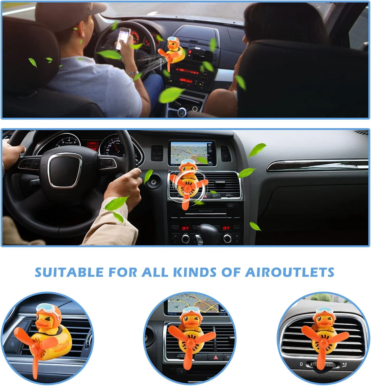 Car Air Freshener Cute Cartoon Yellow Duck Pilot Car Diffuser Rotating Propeller Automotive Air Outlet Fan Creative Car Perfume Decoration Cool Car Accessories Comes with 4 Fragrant Tablets