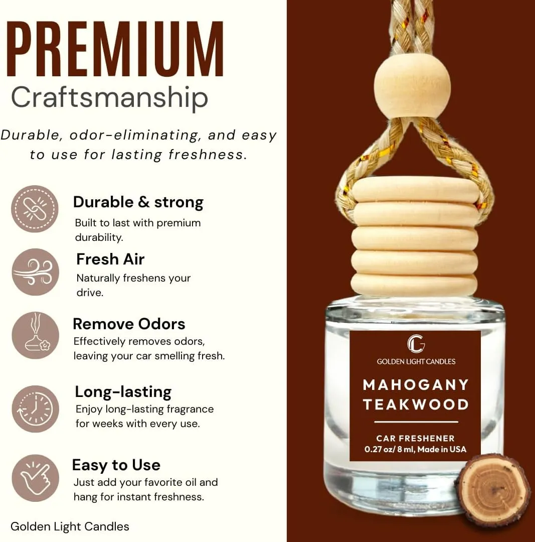 Car Air Freshener Hanging, Long Lasting Essential Oil Diffuser Mahogany Teakwood Scent, Car Air Freshener For Women & Men. Made in USA