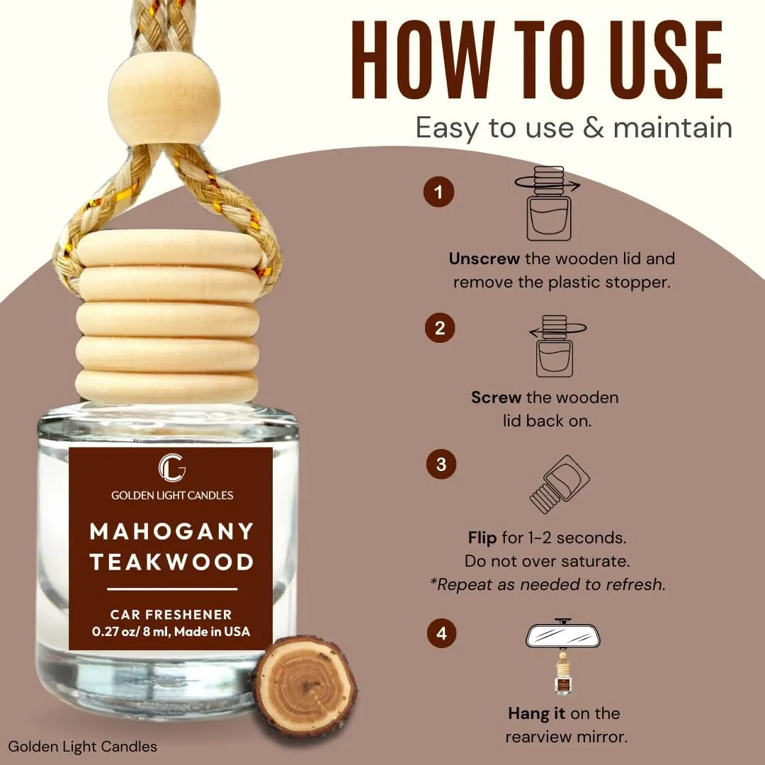 Car Air Freshener Hanging, Long Lasting Essential Oil Diffuser Mahogany Teakwood Scent, Car Air Freshener For Women & Men. Made in USA