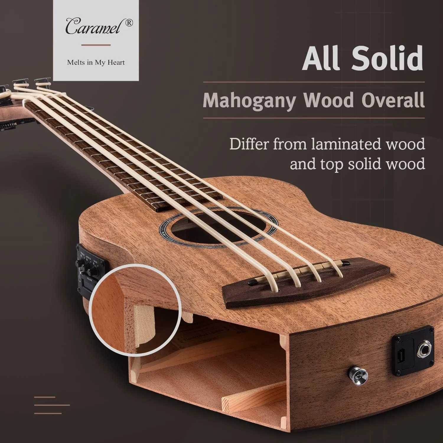Caramel CUB402 Electric 30inch All Solid Wood Mahogany Ukulele Bass - Tuned as E-A-D-G