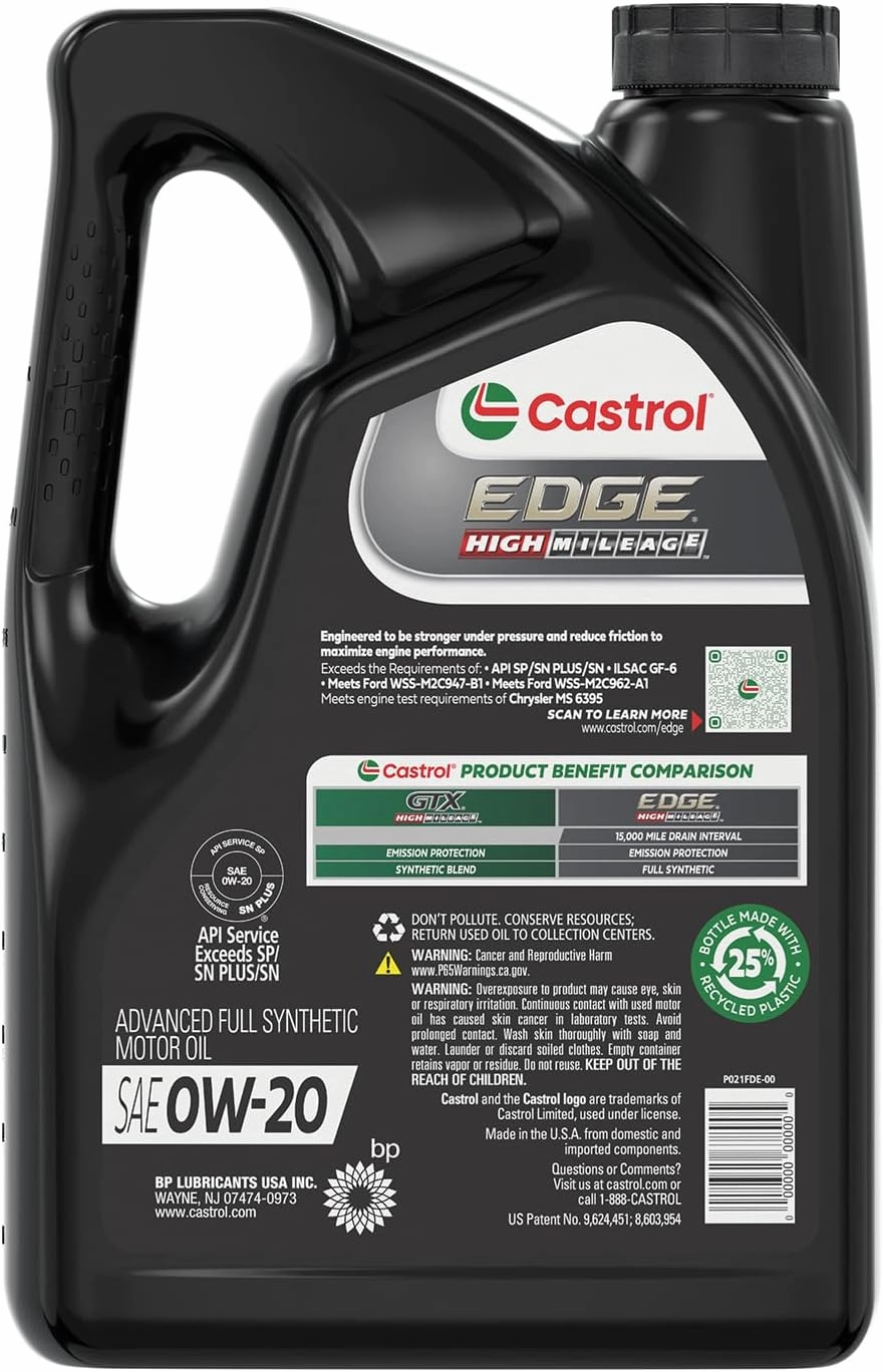 Castrol EDGE High Mileage 0W-20 Advanced Full Synthetic Motor Oil, 5 Quarts