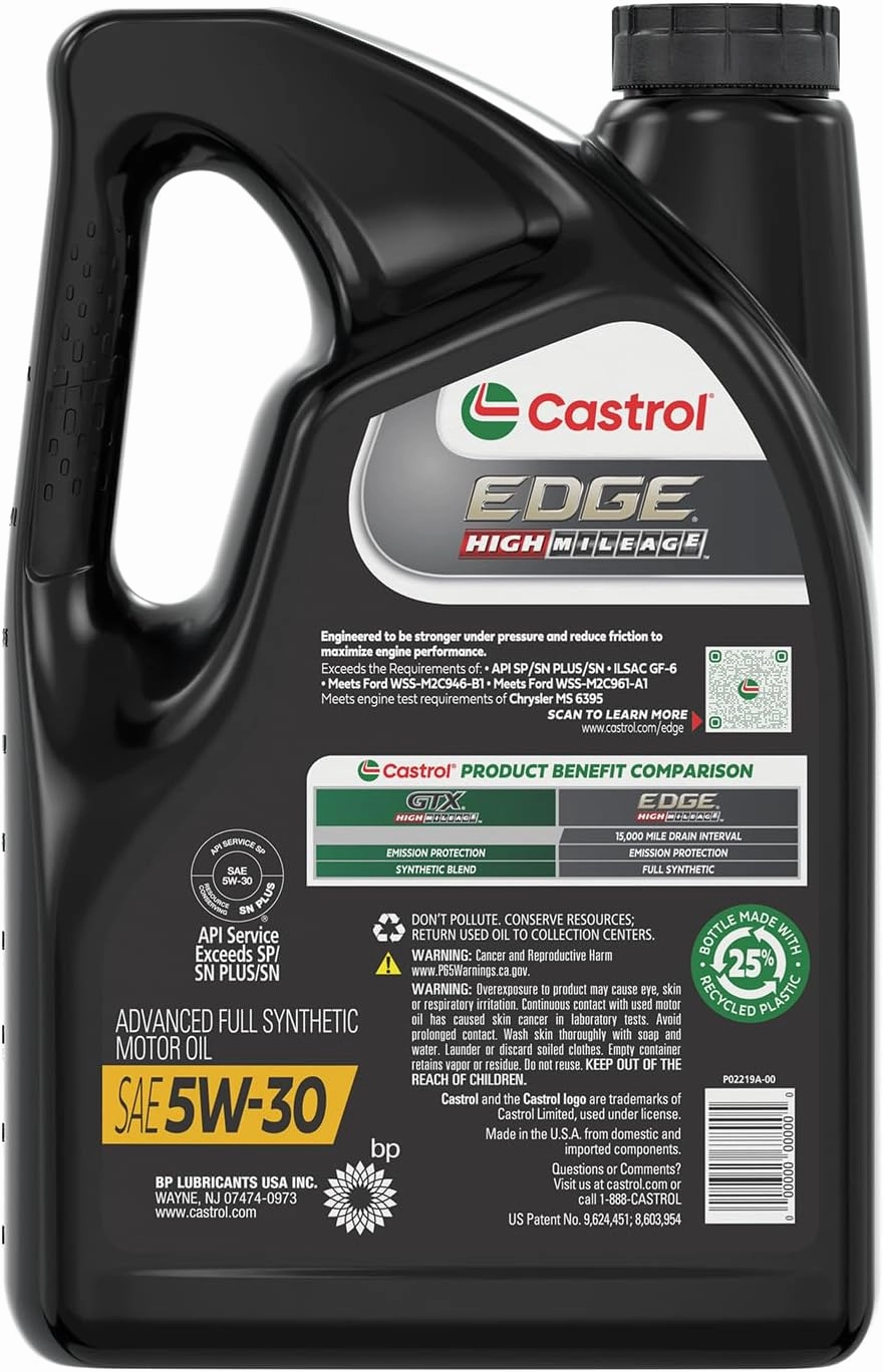 Castrol EDGE High Mileage 5W-30 Advanced Full Synthetic Motor Oil, 5 Quarts