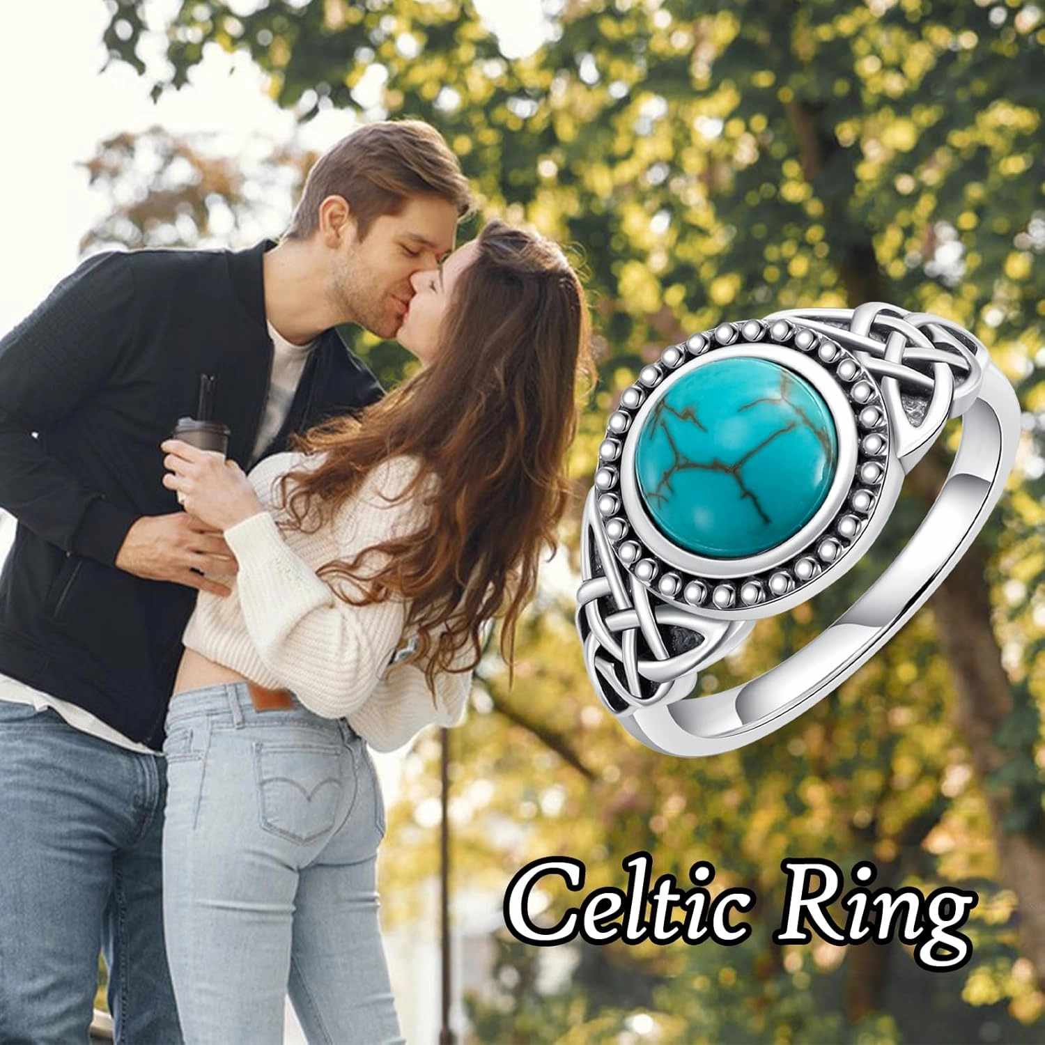 Celtic Turquoise Ring for Women 925 Sterling Silver Natural Turquoise Celtic Knot Statement Ring Jewelry Gifts for Women