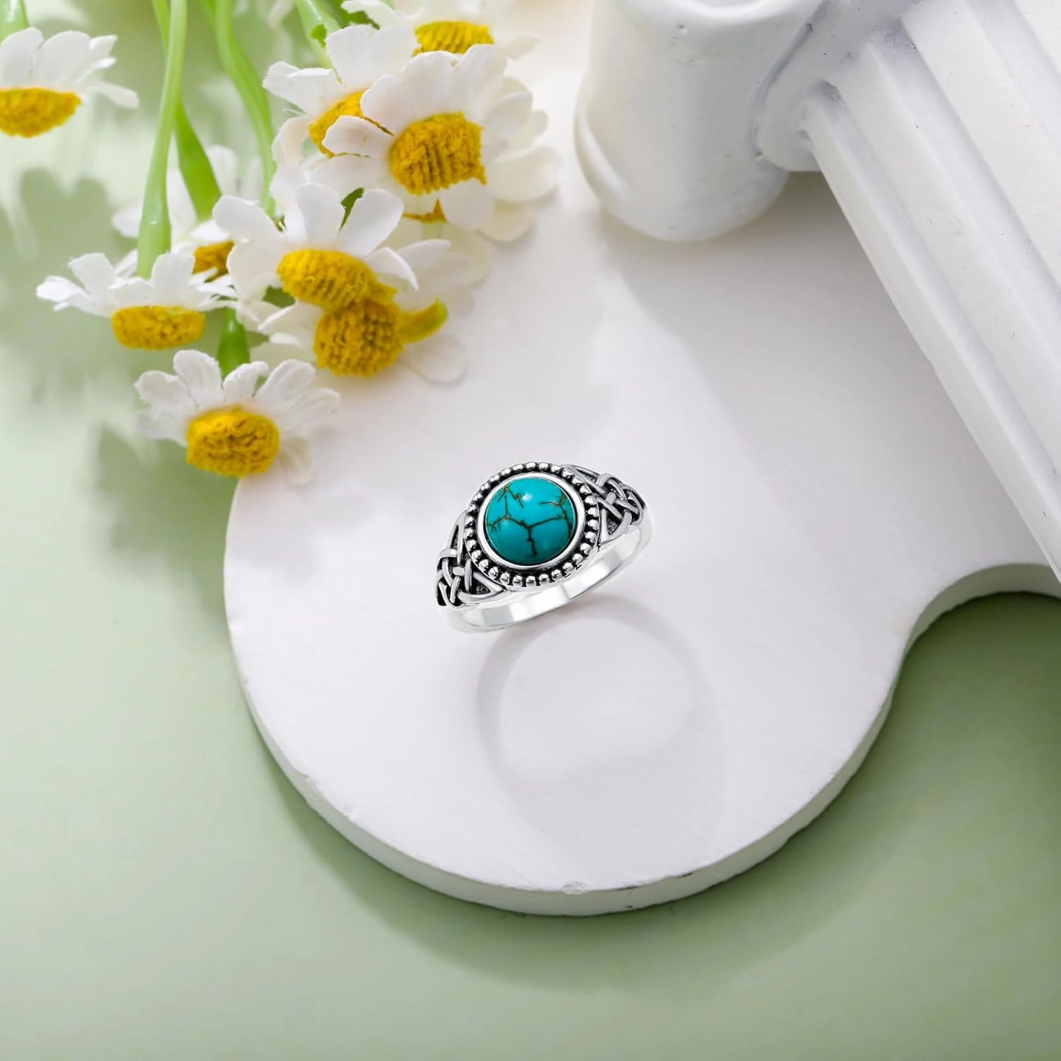 Celtic Turquoise Ring for Women 925 Sterling Silver Natural Turquoise Celtic Knot Statement Ring Jewelry Gifts for Women