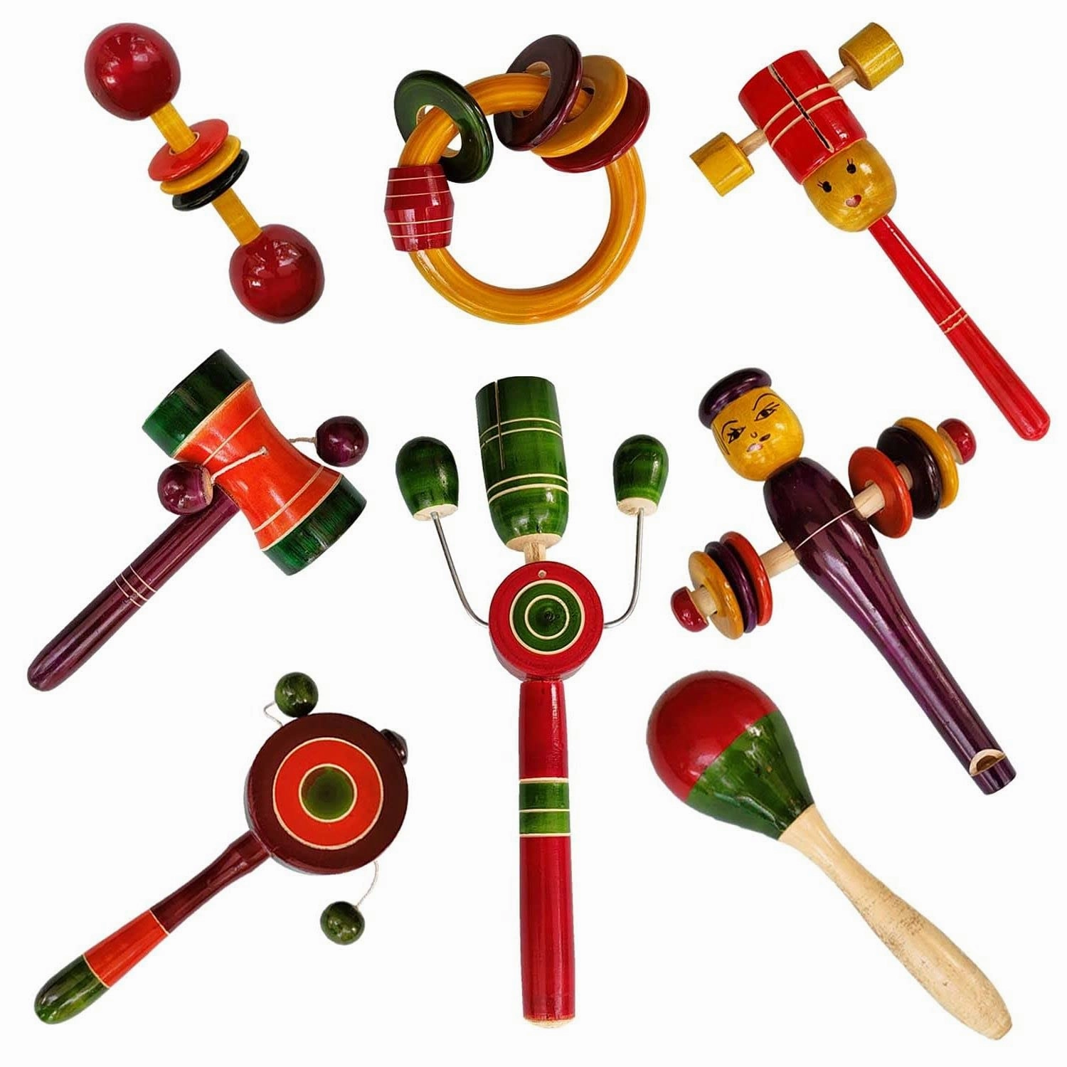 Channapatna Toys Wooden Rattles for Baby, Infants, New Born Babies Toys (0 to 12 Months) - Set of 8 pcs - Multicolor - Discover Sounds, Develops Sensory Skills