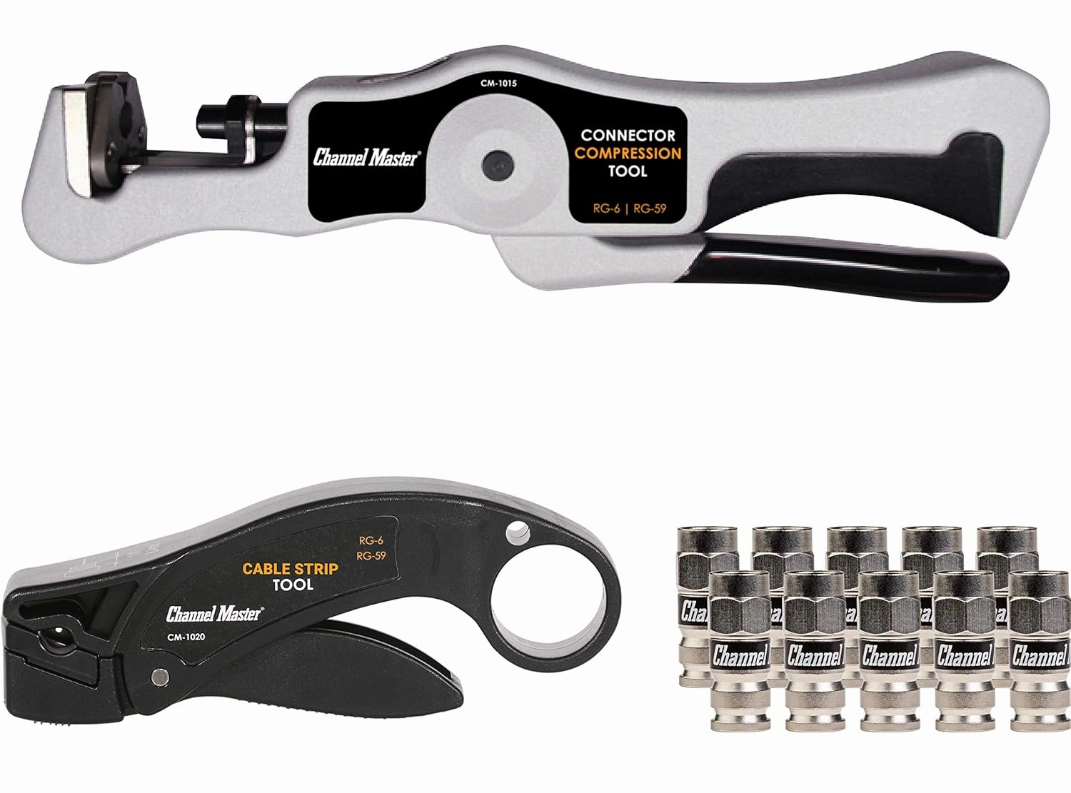 Channel Master Coaxial Connector Installation Kit - Weatherproof Connectors & Installation Tools for Standard, Dual, Tri & Quad Shield Cables, Ideal for Digital HDTV Antenna Installation
