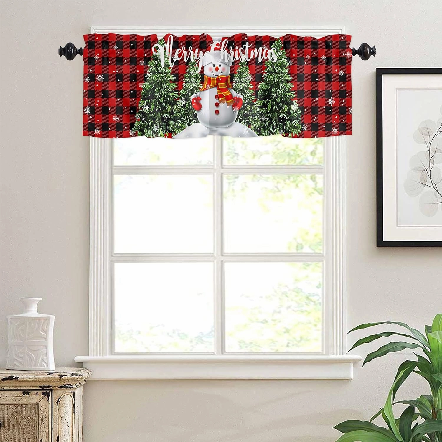 Christmas Red Black Buffalo Check Curtain Valance for Windows/Living Room/Kitchen/Bathroom,Farm Snowman Xmas Tree Short Rod Pocket Tier Curtain Winter Snowflake Window Curtain Treatment, 1 Panel 54x18