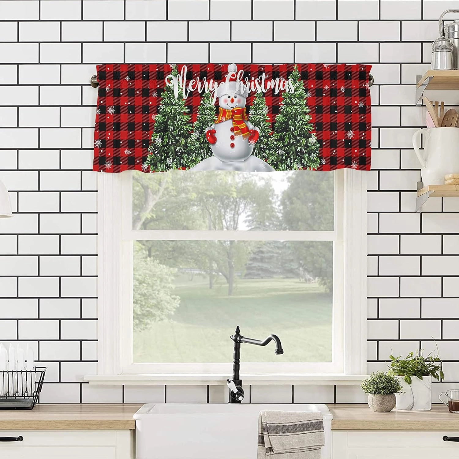 Christmas Red Black Buffalo Check Curtain Valance for Windows/Living Room/Kitchen/Bathroom,Farm Snowman Xmas Tree Short Rod Pocket Tier Curtain Winter Snowflake Window Curtain Treatment, 1 Panel 54x18