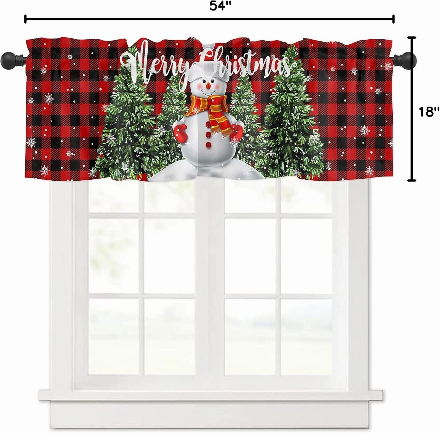 Christmas Red Black Buffalo Check Curtain Valance for Windows/Living Room/Kitchen/Bathroom,Farm Snowman Xmas Tree Short Rod Pocket Tier Curtain Winter Snowflake Window Curtain Treatment, 1 Panel 54x18