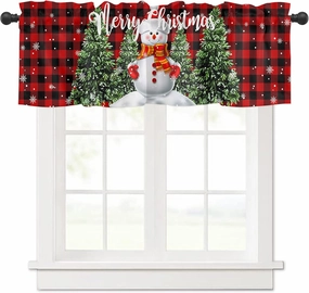 Christmas Red Black Buffalo Check Curtain Valance for Windows/Living Room/Kitchen/Bathroom,Farm Snowman Xmas Tree Short Rod Pocket Tier Curtain Winter Snowflake Window Curtain Treatment, 1 Panel 54x18