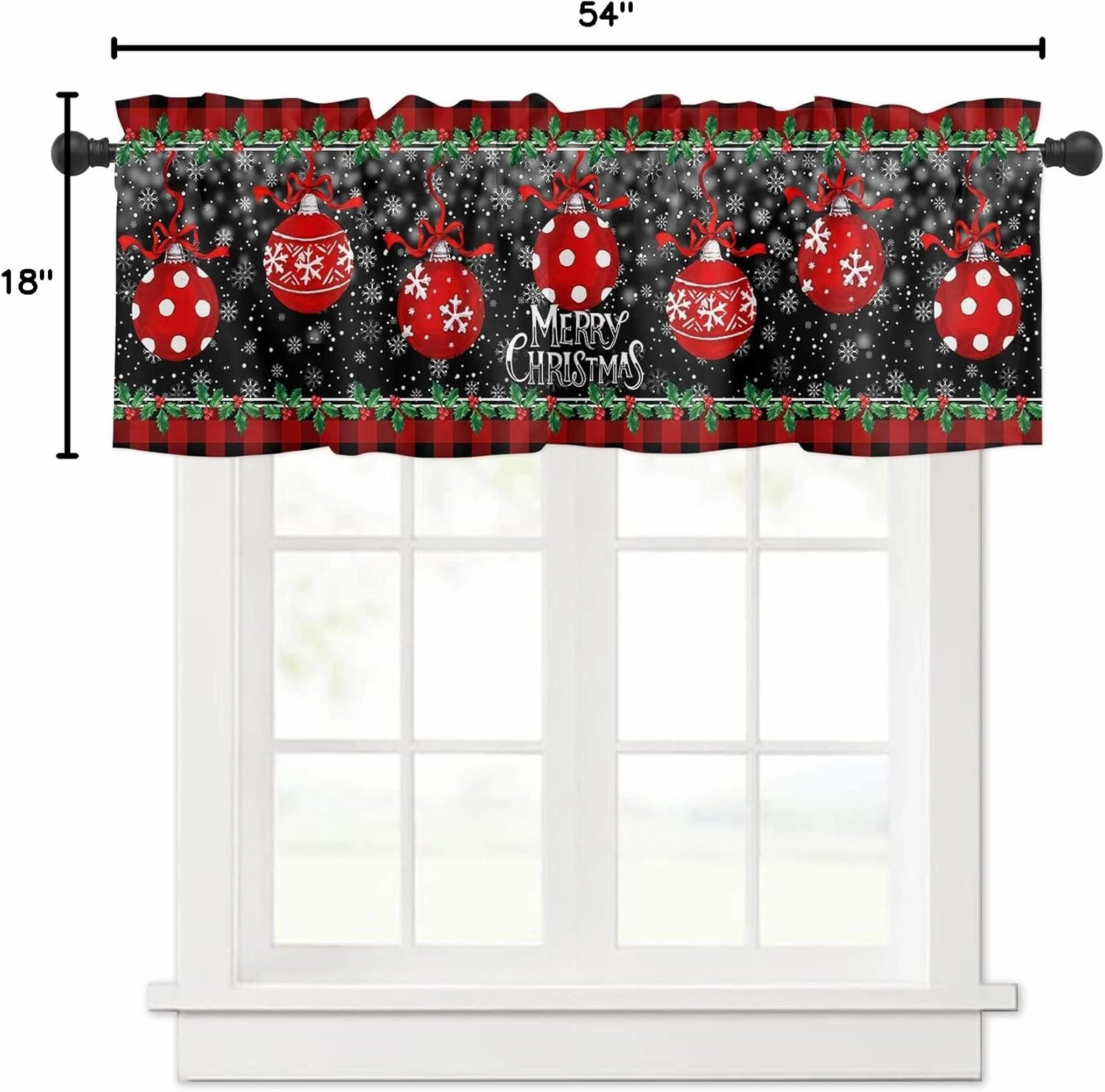 Christmas Red Curtain Valance for Windows/Living Room/Kitchen/Bathroom/Farmhouse, Watercolor Holly Berry Xmas Balls Black Short Rod Pocket Tier Curtain Merry Christmas Window Treatment, 1 Panel 54x18