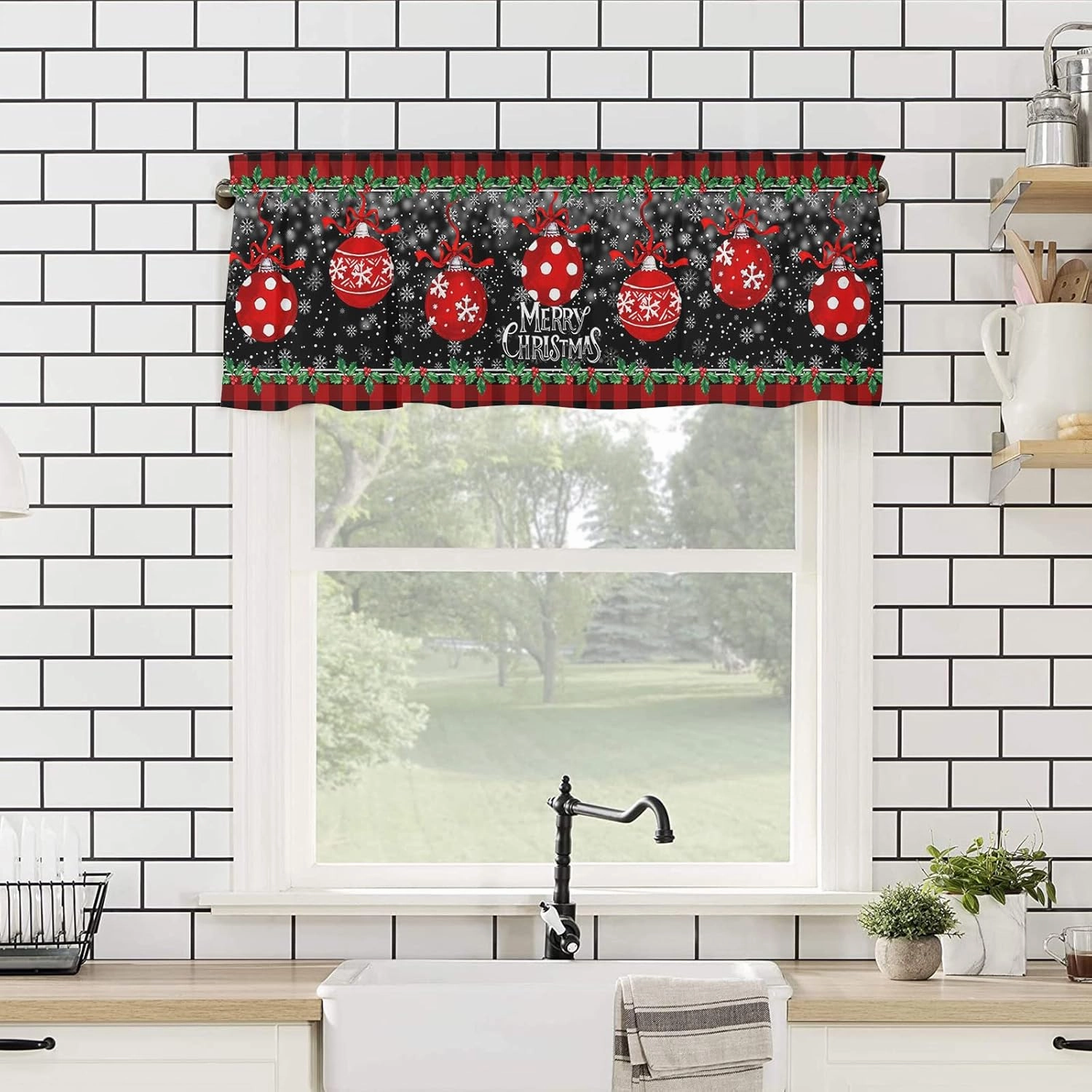 Christmas Red Curtain Valance for Windows/Living Room/Kitchen/Bathroom/Farmhouse, Watercolor Holly Berry Xmas Balls Black Short Rod Pocket Tier Curtain Merry Christmas Window Treatment, 1 Panel 54x18