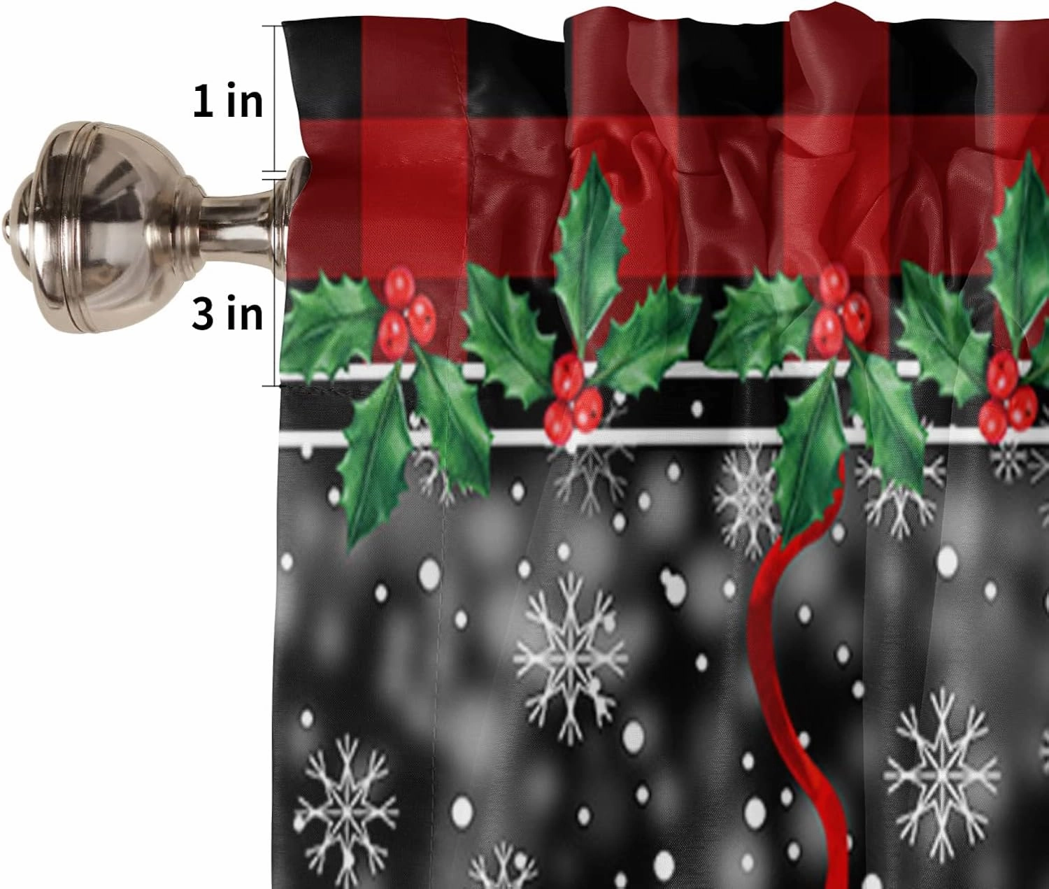 Christmas Red Curtain Valance for Windows/Living Room/Kitchen/Bathroom/Farmhouse, Watercolor Holly Berry Xmas Balls Black Short Rod Pocket Tier Curtain Merry Christmas Window Treatment, 1 Panel 54x18