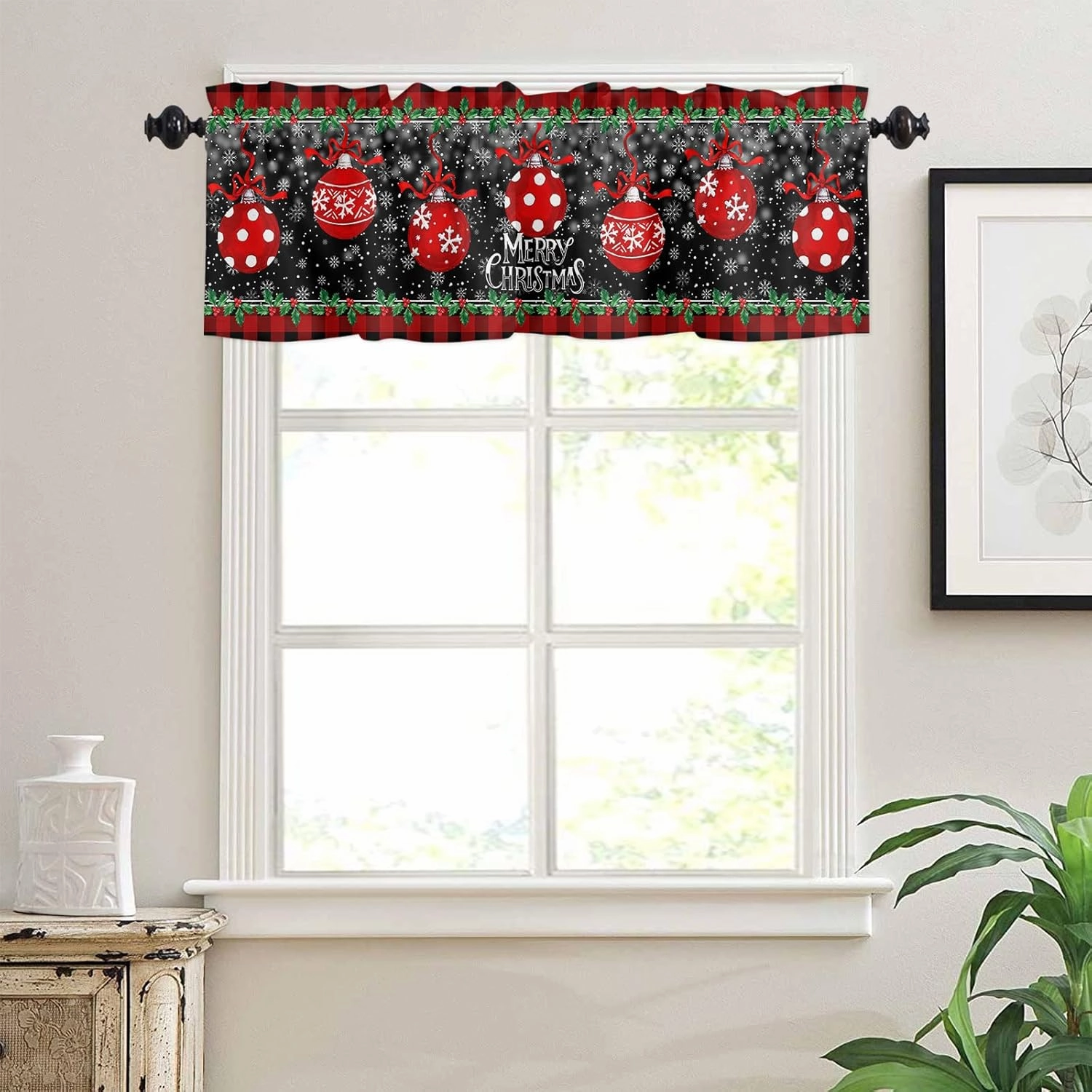 Christmas Red Curtain Valance for Windows/Living Room/Kitchen/Bathroom/Farmhouse, Watercolor Holly Berry Xmas Balls Black Short Rod Pocket Tier Curtain Merry Christmas Window Treatment, 1 Panel 54x18