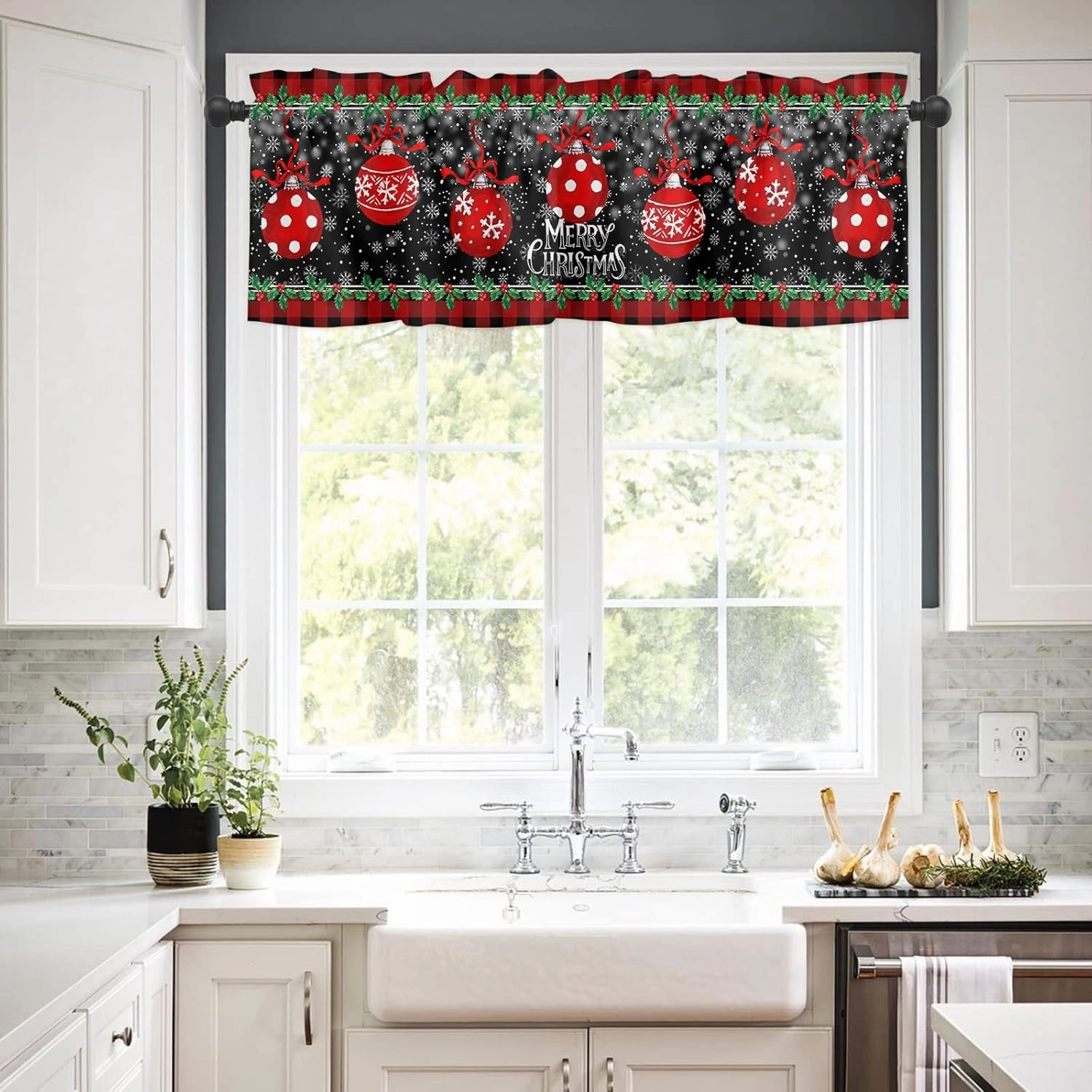 Christmas Red Curtain Valance for Windows/Living Room/Kitchen/Bathroom/Farmhouse, Watercolor Holly Berry Xmas Balls Black Short Rod Pocket Tier Curtain Merry Christmas Window Treatment, 1 Panel 54x18