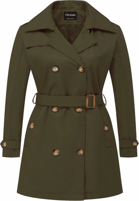 Chrisuno Women's Plus Size Double Breasted Trench Coats Mid-Length Belted Overcoat Dress Jacket with Detachable Hood