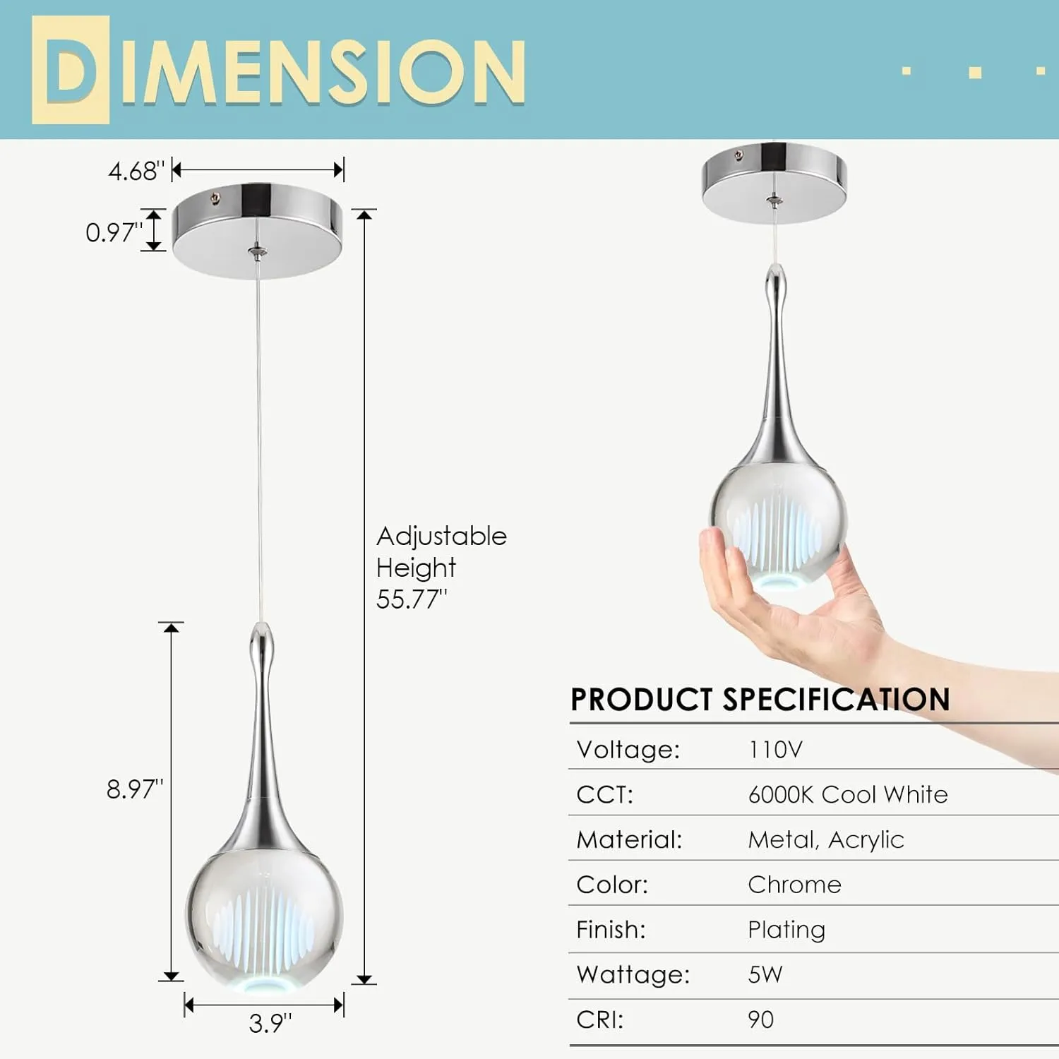 CHYING Modern LED Crystal Pendant Light Chrome Teardrop Kitchen Island Lights Fixture 6000k Cool White Globe Ceiling Hanging Lighting for Living Room Dining Room Bedroom Bathroom