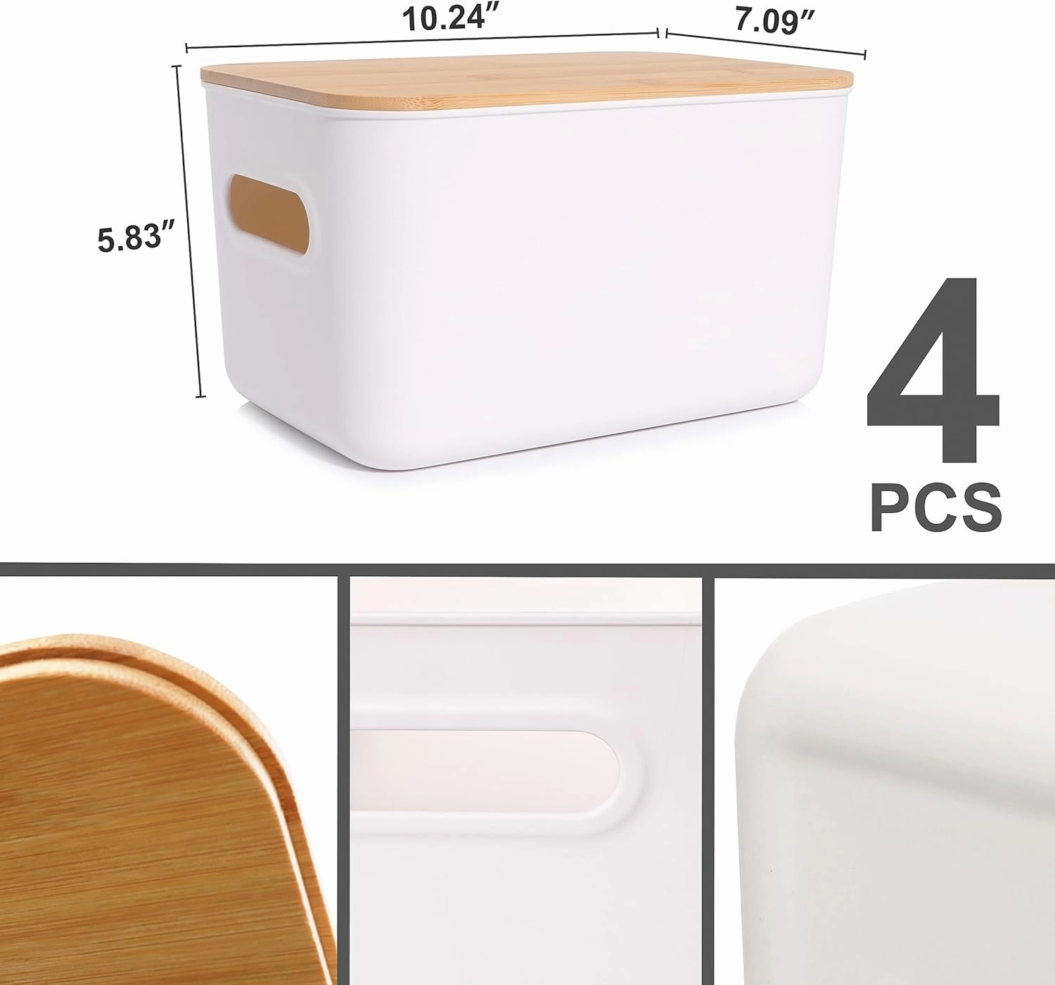 Citylife 4 PCS Storage Bins with Bamboo Lids Plastic Storage Containers for Organizing Stackable Storage Box with Handle, 10.23 x 7.08 x 6.3 inch