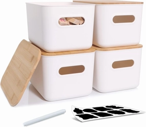 Citylife 4 PCS Storage Bins with Bamboo Lids Plastic Storage Containers for Organizing Stackable Storage Box with Handle, 10.23 x 7.08 x 6.3 inch