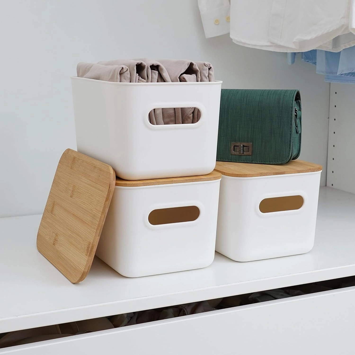 Citylife 4 PCS Storage Bins with Bamboo Lids Plastic Storage Containers for Organizing Stackable Storage Box with Handle, 10.23 x 7.08 x 6.3 inch