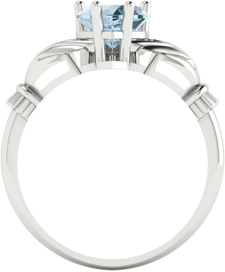 Clara Pucci 1.05 Ct Heart Cut VVS1 Natural Aquamarine – Celtic Claddagh Statement Ring for Women – Solid 14K White Gold – Birthstone Graduation or Anniversary Bridal Gift (Size)