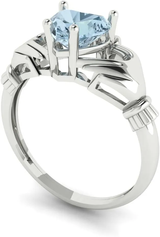 Clara Pucci 1.05 Ct Heart Cut VVS1 Natural Aquamarine – Celtic Claddagh Statement Ring for Women – Solid 14K White Gold – Birthstone Graduation or Anniversary Bridal Gift (Size)