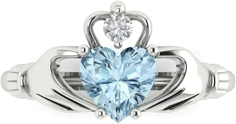 Clara Pucci 1.05 Ct Heart Cut VVS1 Natural Aquamarine – Celtic Claddagh Statement Ring for Women – Solid 14K White Gold – Birthstone Graduation or Anniversary Bridal Gift (Size)