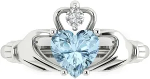 Clara Pucci 1.05 Ct Heart Cut VVS1 Natural Aquamarine – Celtic Claddagh Statement Ring for Women – Solid 14K White Gold – Birthstone Graduation or Anniversary Bridal Gift (Size)
