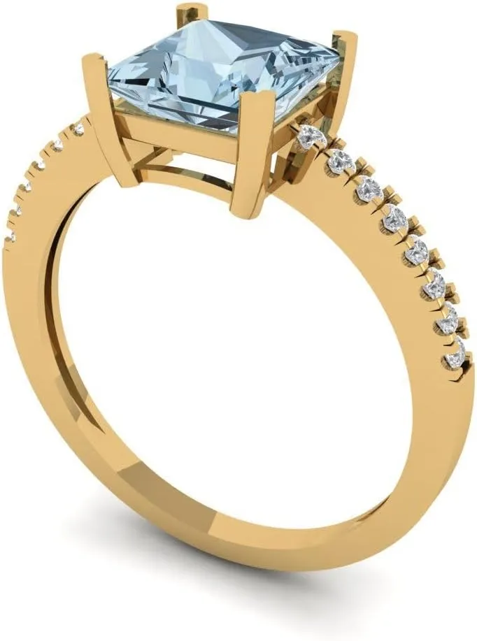 Clara Pucci 1.62 Ct Princess Cut VVS1 Natural Sky Blue Topaz – Solitaire with Accents Statement Ring for Women – Solid 14K Yellow Gold – Birthstone Graduation or Anniversary Bridal Gift (Size)