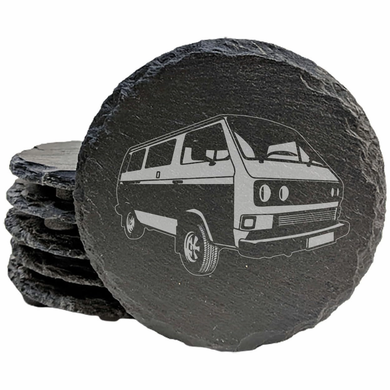 Classic VW Transporter T3 Van Slate Coasters Set of 5 - Rustic Gray, Laser Etched Design, Perfect for Holidays, Birthdays & Housewarming Gifts - Round or Square with Natural Chipped Edge & Rubber Feet