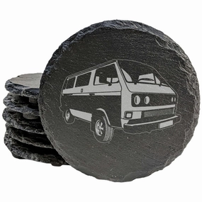 Classic VW Transporter T3 Van Slate Coasters Set of 5 - Rustic Gray, Laser Etched Design, Perfect for Holidays, Birthdays & Housewarming Gifts - Round or Square with Natural Chipped Edge & Rubber Feet