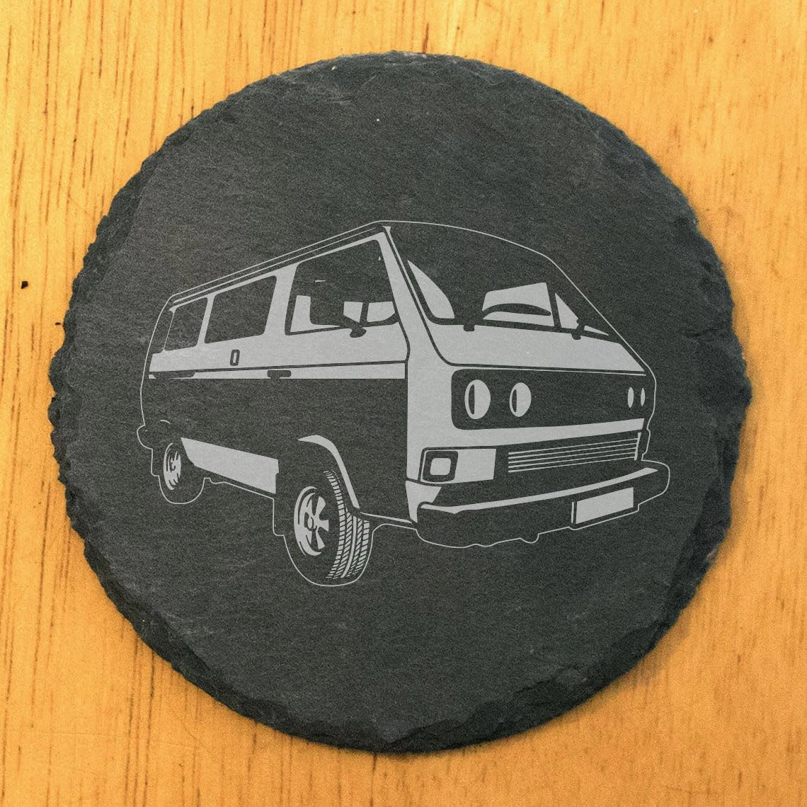 Classic VW Transporter T3 Van Slate Coasters Set of 5 - Rustic Gray, Laser Etched Design, Perfect for Holidays, Birthdays & Housewarming Gifts - Round or Square with Natural Chipped Edge & Rubber Feet