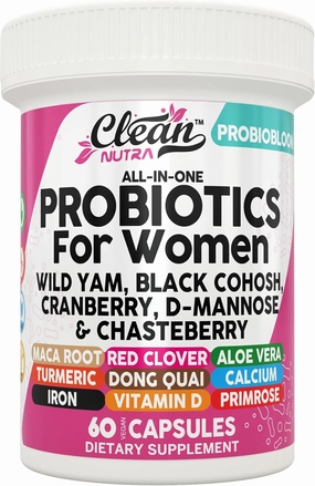 Clean Nutraceuticals Probiotics for Women with D Mannose, Cranberry Extract, Wild Yam, Chasteberry - 20 Probiotic and Prebiotic Strains - PH Balance, Womens Probiotic for Digestive Health - 60 Count