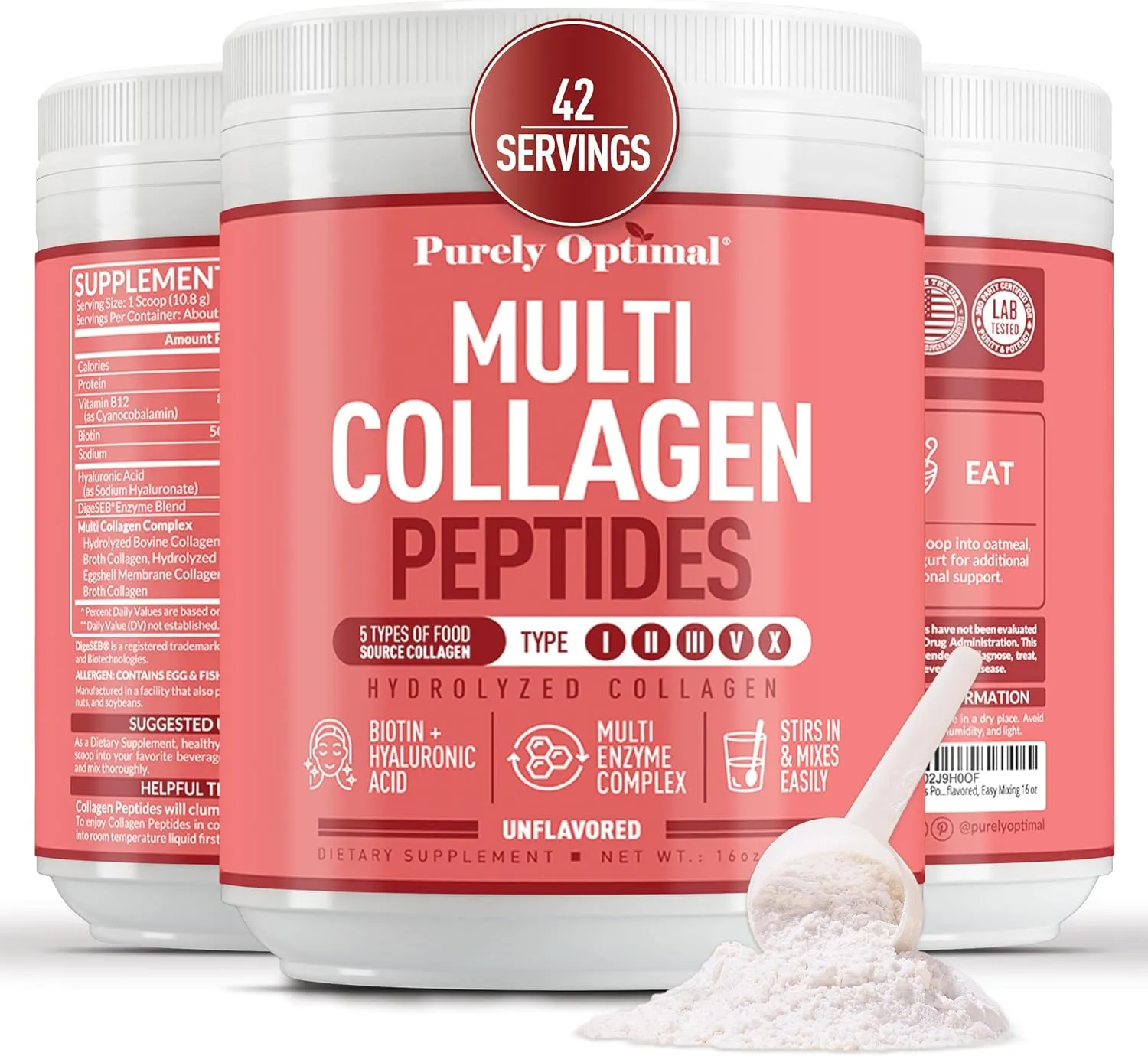 Collagen Supplement for Women - Peptides Powder with Biotin & Hyaluronic Acid for Hair, Nails, Skin, Bones & Joints, Unflavored, Easy Mixing 42 Servings