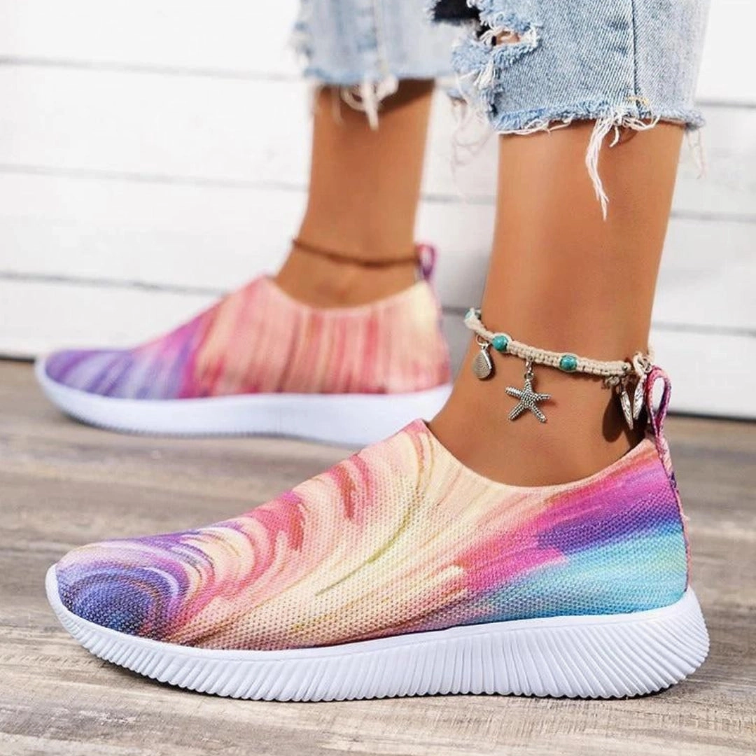 Colorful Women's Slip-On Walking Sneakers - Rainbow Mesh & Lightweight