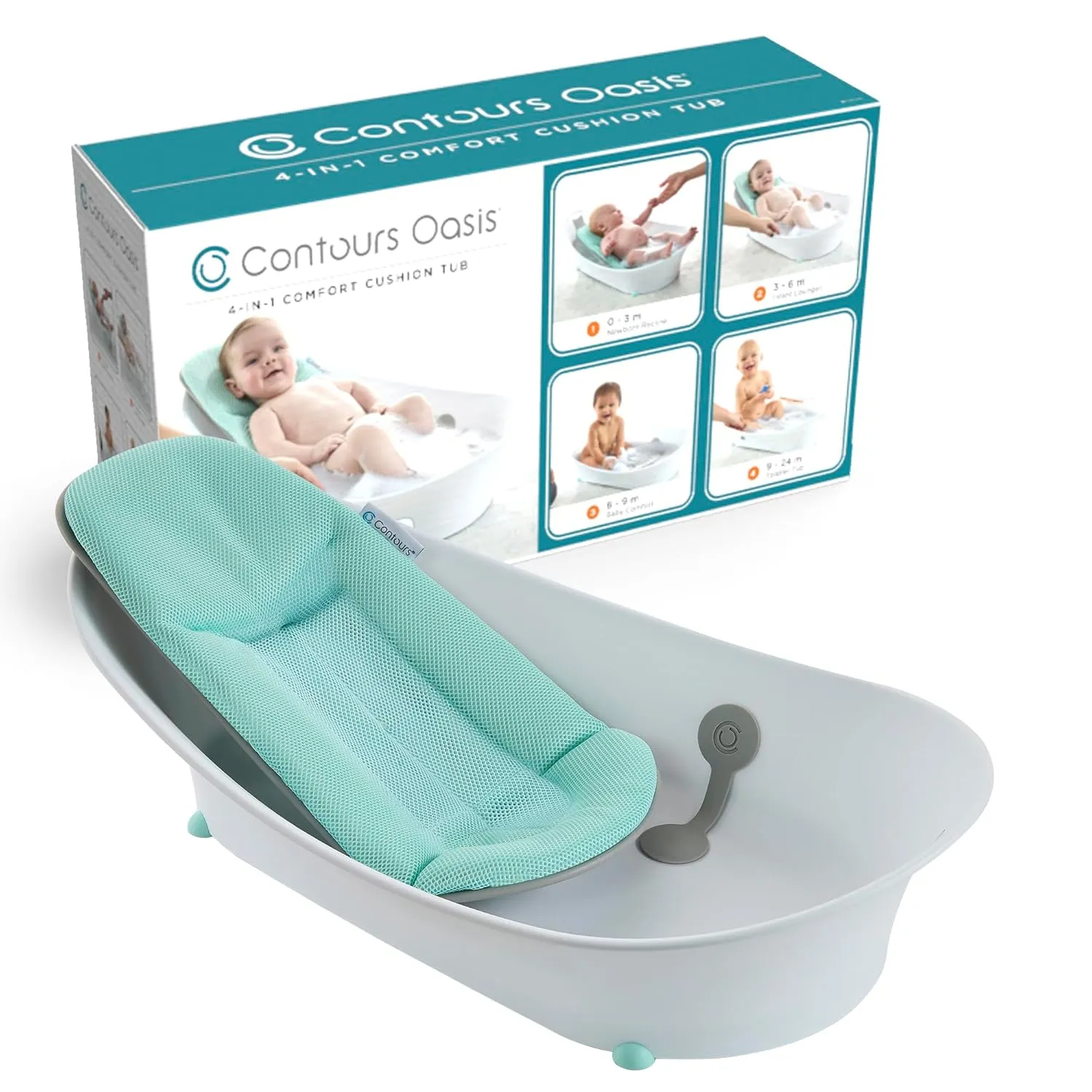 Contours Oasis 4 in 1 Comfort Cushion Baby Bath Tub, Portable Infant Bathtub Seat, Supportive for Newborns and Toddlers 0-24 Months, Grow with Me Design, Quick Dry Mesh Pad, Easy to Clean, Blue/White