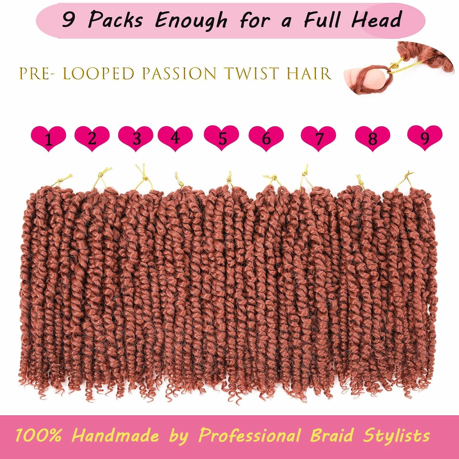 Copper Red Passion Twist Crochet Hair 10 Inch 9 Packs Pre-twisted Passion Twist Hair Pre Looped Crochet Hair for Black Women Bohemian Short Crochet Passion Twist Hair for Kids and Girls (10 Inch,350)