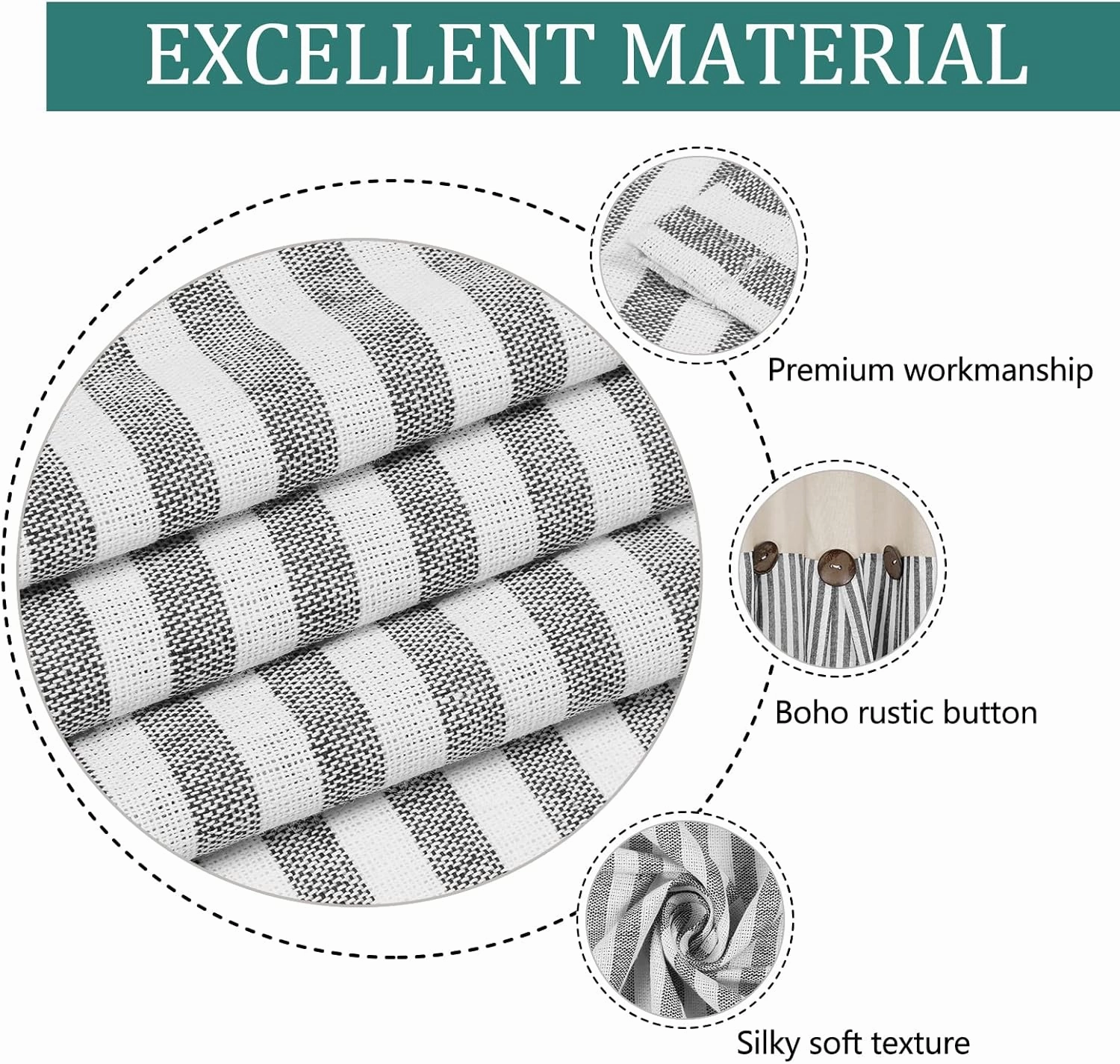 Cotton Linen Farmhouse Curtains Boho Rustic Button Curtains Natural and Dark Grey Stripe Color Block Curtain Rod Pocket & Back Tab Window Drapes for Bedroom Living Room(52 x 63 Inch, 2 Panels)