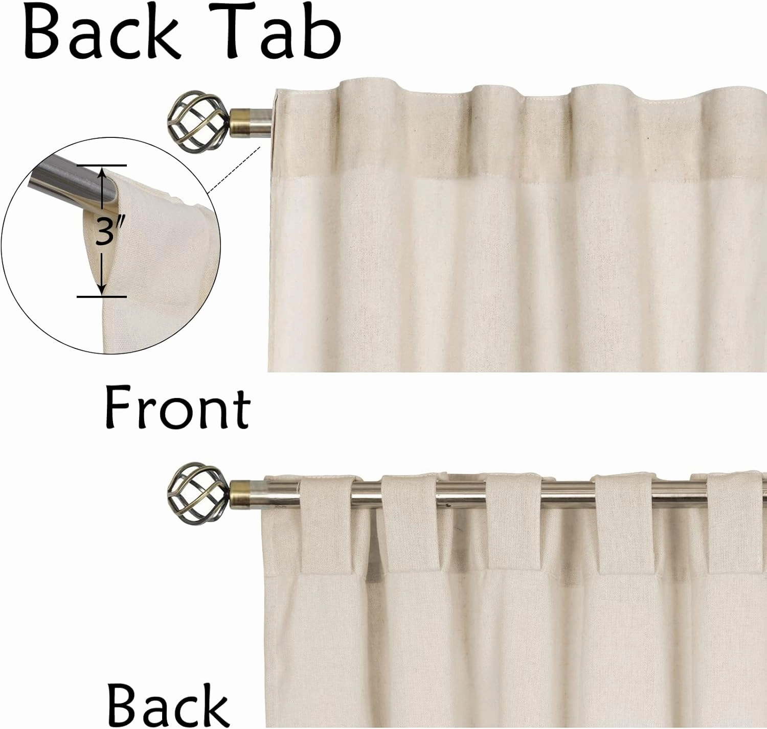 Cotton Linen Farmhouse Curtains Boho Rustic Button Curtains Natural and Dark Grey Stripe Color Block Curtain Rod Pocket & Back Tab Window Drapes for Bedroom Living Room(52 x 63 Inch, 2 Panels)