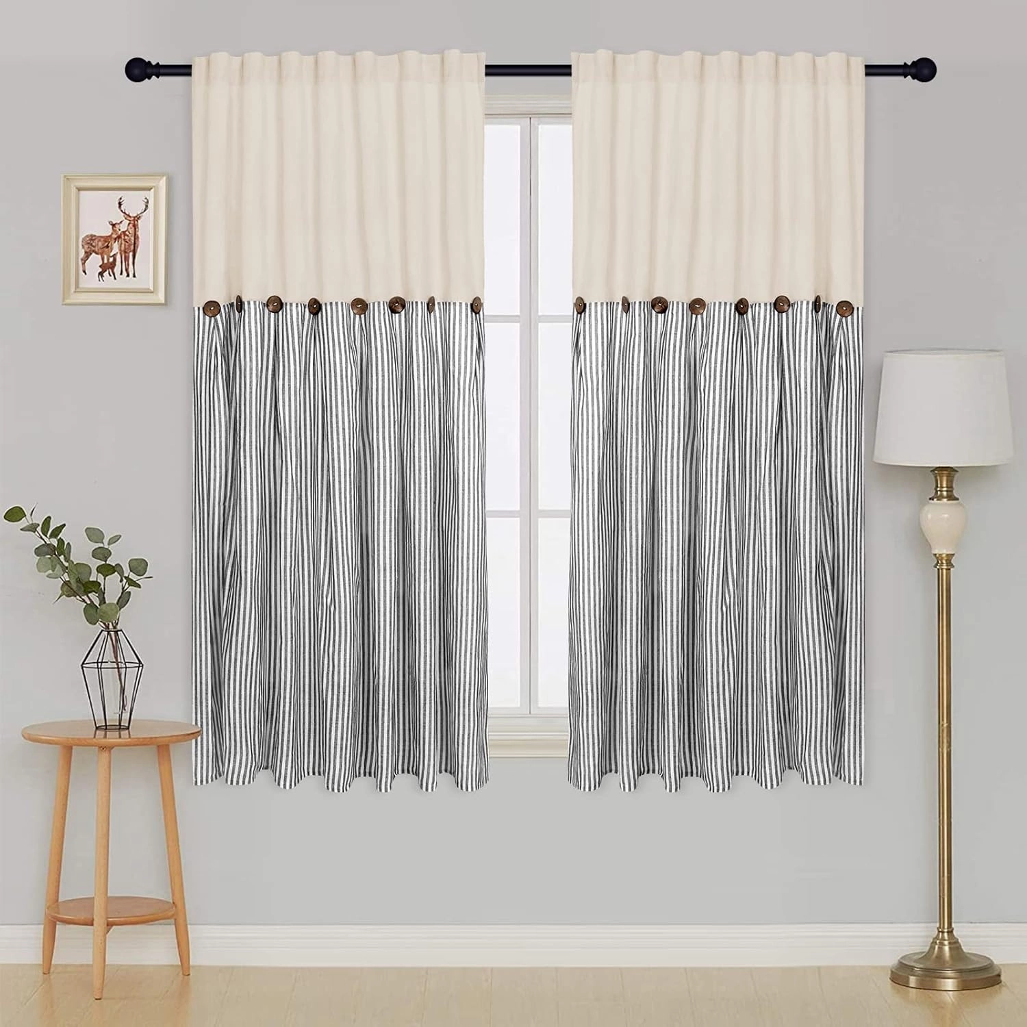 Cotton Linen Farmhouse Curtains Boho Rustic Button Curtains Natural and Dark Grey Stripe Color Block Curtain Rod Pocket & Back Tab Window Drapes for Bedroom Living Room(52 x 63 Inch, 2 Panels)