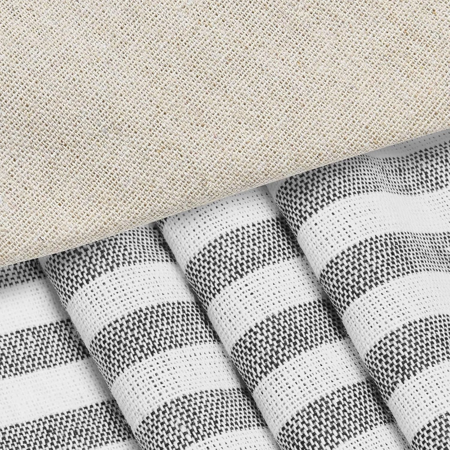 Cotton Linen Farmhouse Curtains Boho Rustic Button Curtains Natural and Dark Grey Stripe Color Block Curtain Rod Pocket & Back Tab Window Drapes for Bedroom Living Room(52 x 63 Inch, 2 Panels)