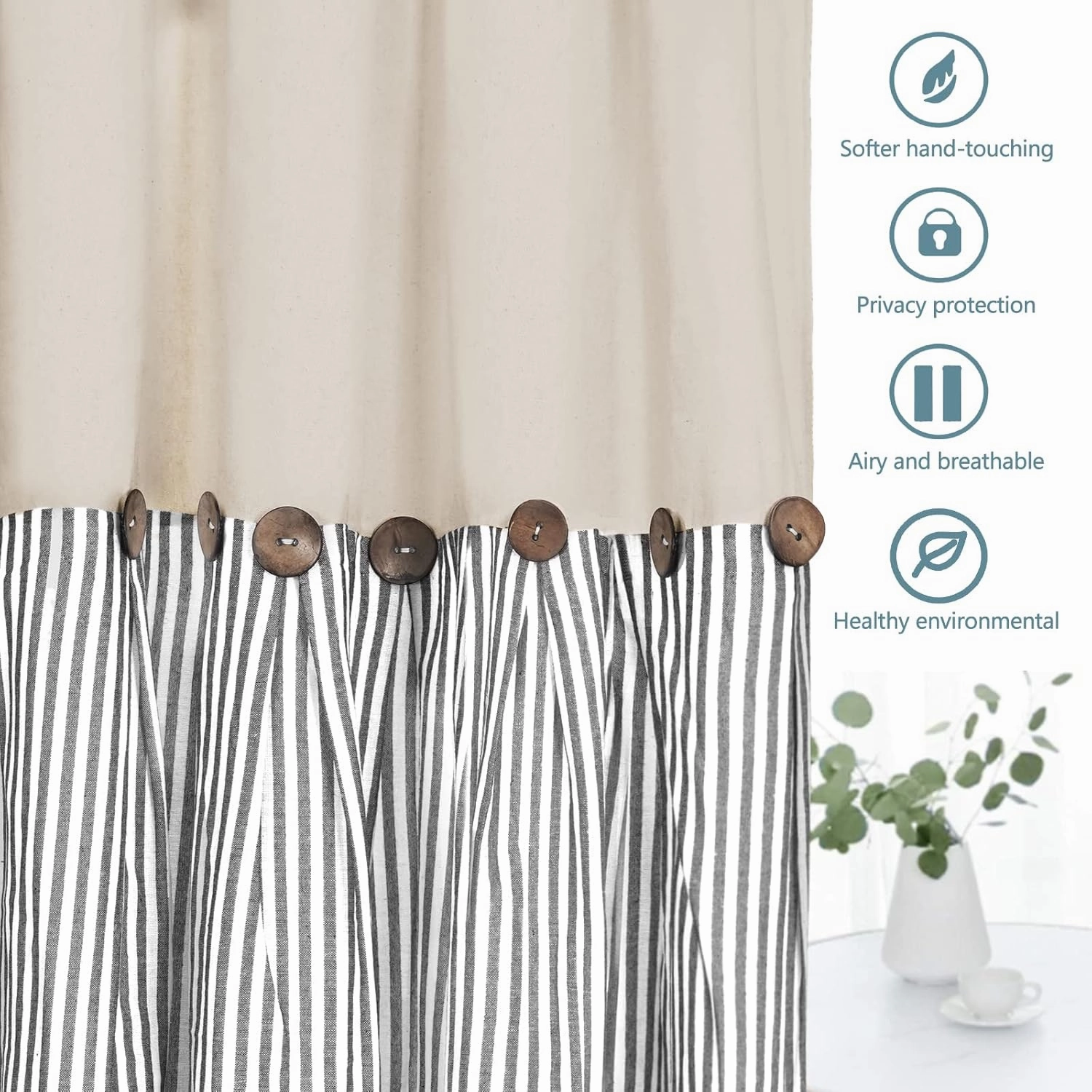 Cotton Linen Farmhouse Curtains Boho Rustic Button Curtains Natural and Dark Grey Stripe Color Block Curtain Rod Pocket & Back Tab Window Drapes for Bedroom Living Room(52 x 63 Inch, 2 Panels)