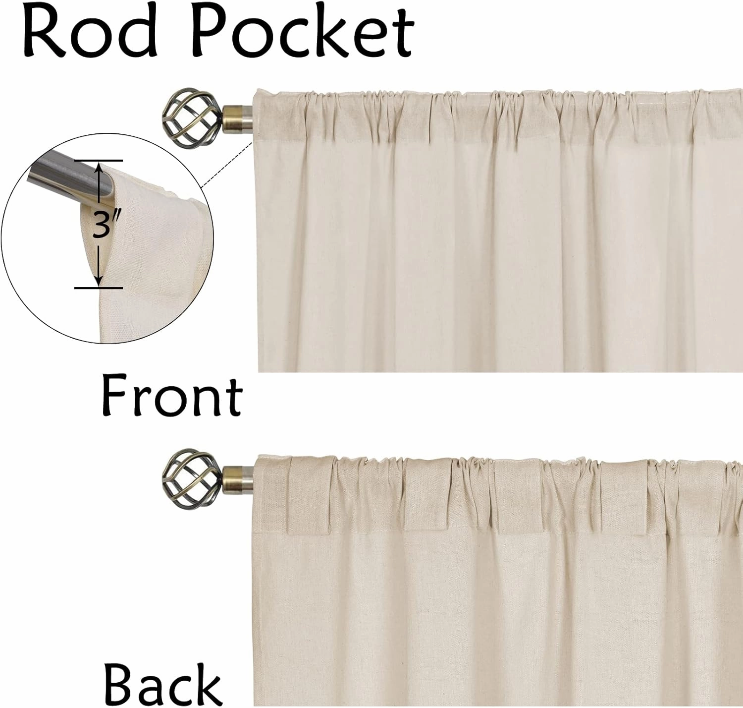 Cotton Linen Farmhouse Curtains Boho Rustic Button Curtains Natural and Dark Grey Stripe Color Block Curtain Rod Pocket & Back Tab Window Drapes for Bedroom Living Room(52 x 63 Inch, 2 Panels)