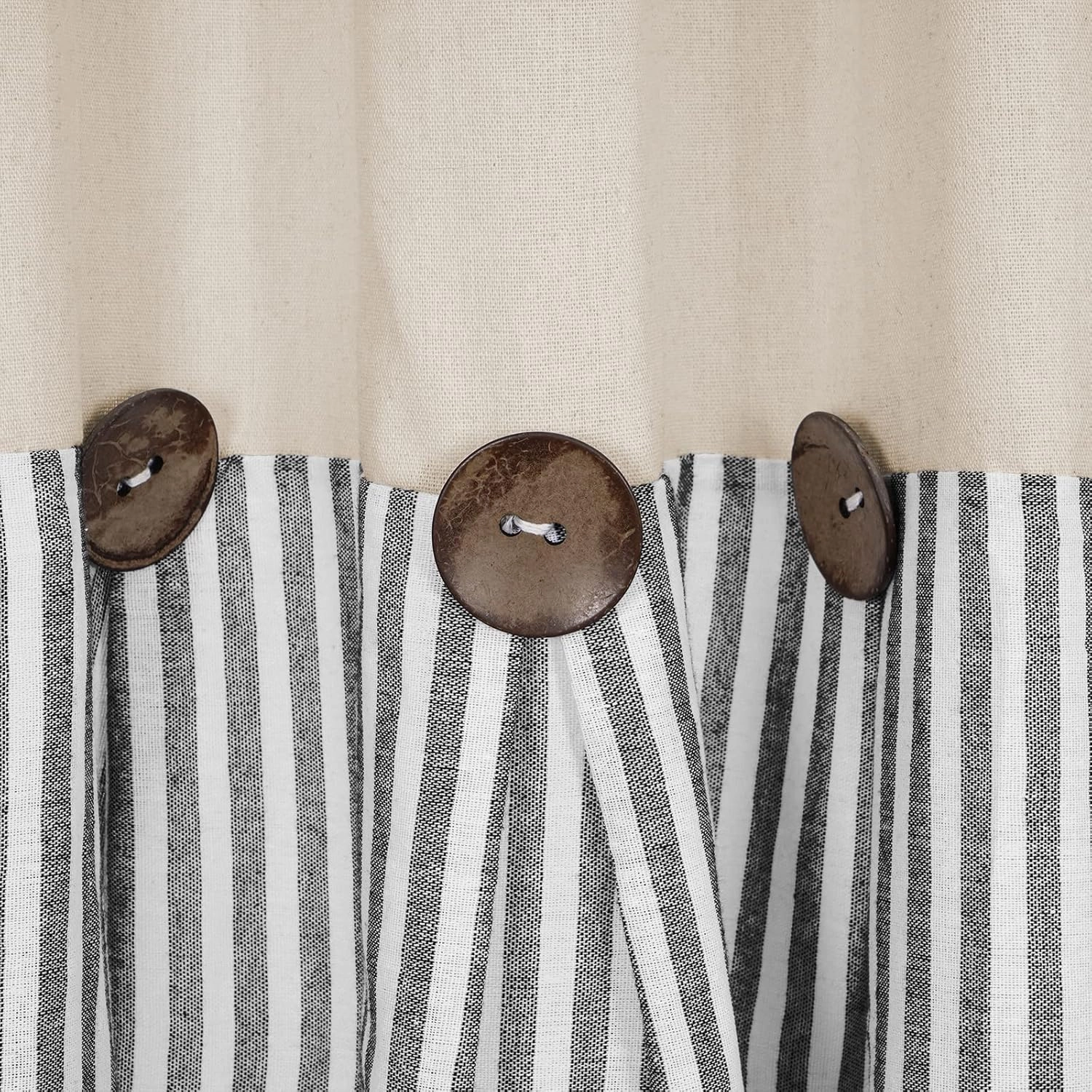 Cotton Linen Farmhouse Curtains Boho Rustic Button Curtains Natural and Dark Grey Stripe Color Block Curtain Rod Pocket & Back Tab Window Drapes for Bedroom Living Room(52 x 63 Inch, 2 Panels)