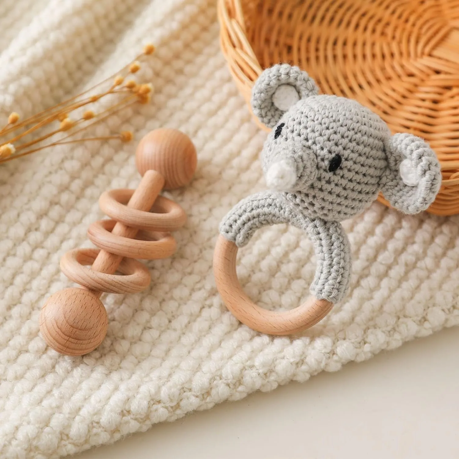 Crochet Elephant and Wooden Animal Rattle Set for Newborns, Baby Wooden Rattle Toy 2PCS
