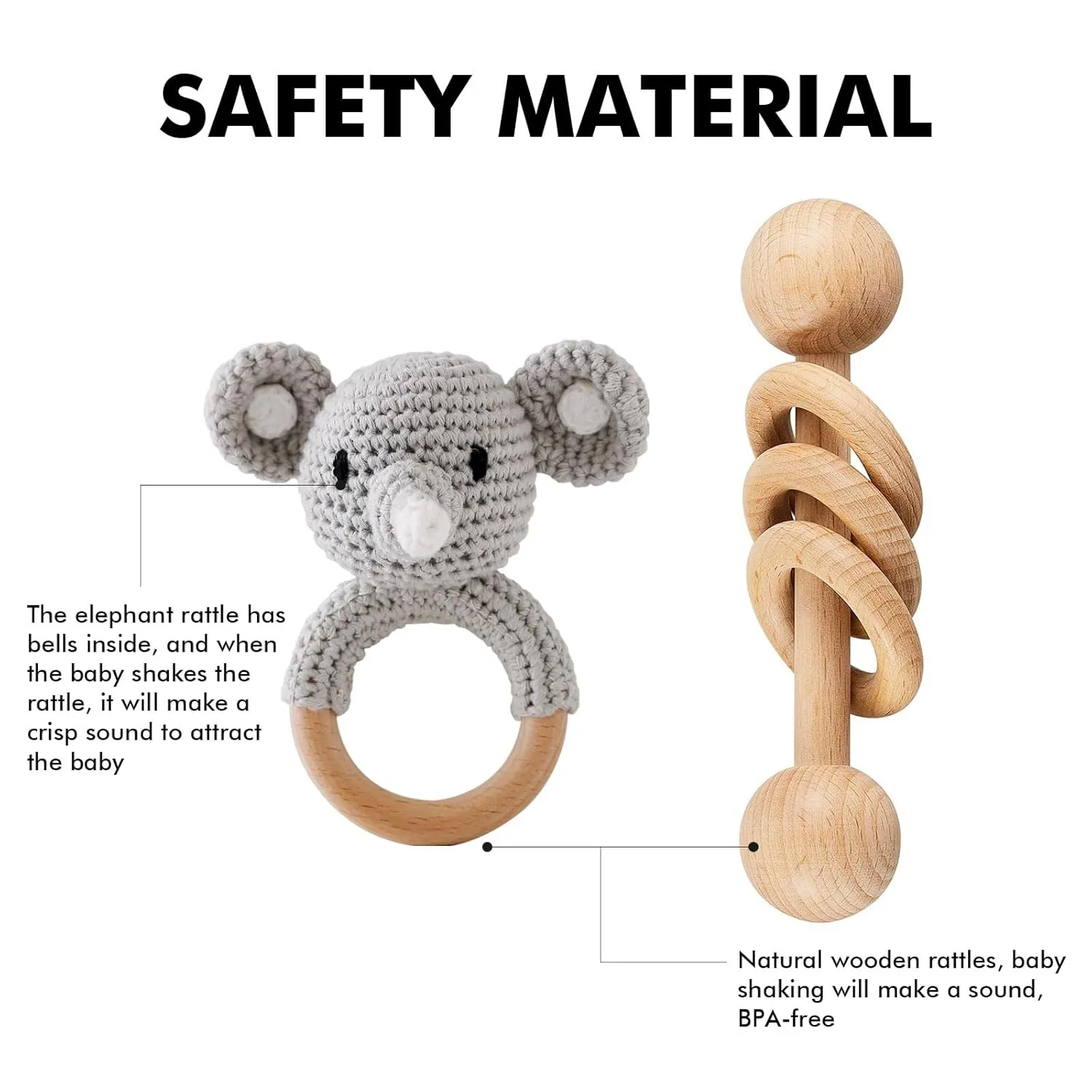 Crochet Elephant and Wooden Animal Rattle Set for Newborns, Baby Wooden Rattle Toy 2PCS