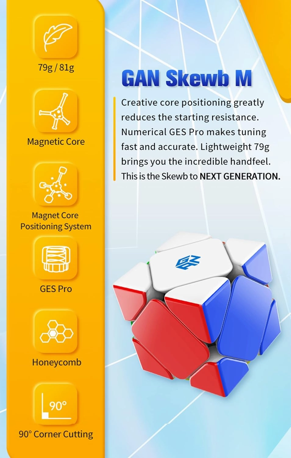 CuberShop GAN Skewb Magnetic Speed Cube (Standard Frosted Version), 2020 GAN Skewb M for Speed Cubing, Smooth & Fast Skewb Cube Puzzle Toy (Core Positioning System with 8 Magnets)