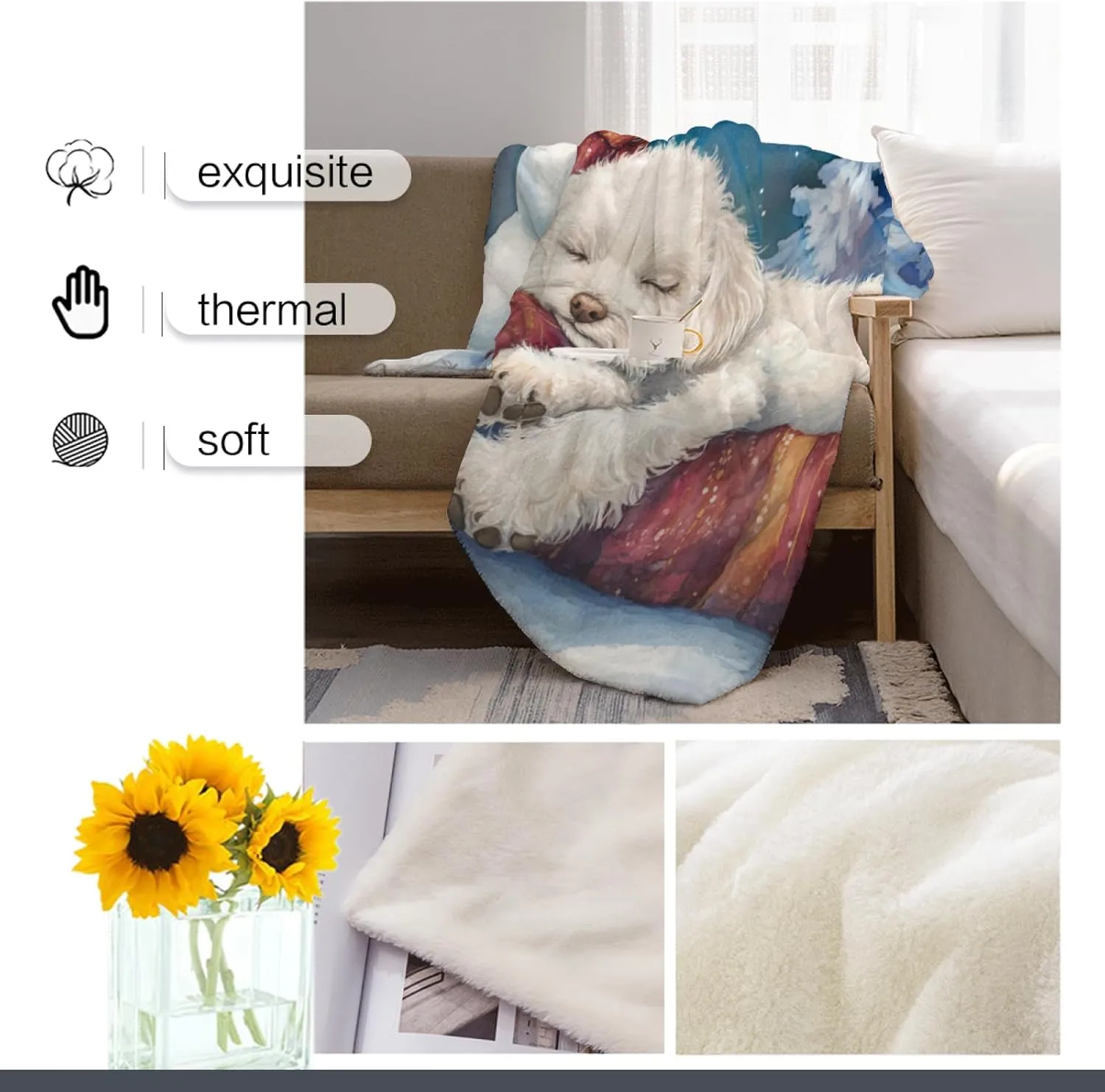 Cute Dreaming Bichon Frise Christmas Throw Blanket for Couch, Snowman and Snowing, Cozy Plush Flannel Blanket for Bed Sofa Room Decor, Girlfriends Boyfriends Teens 50x60 Inch