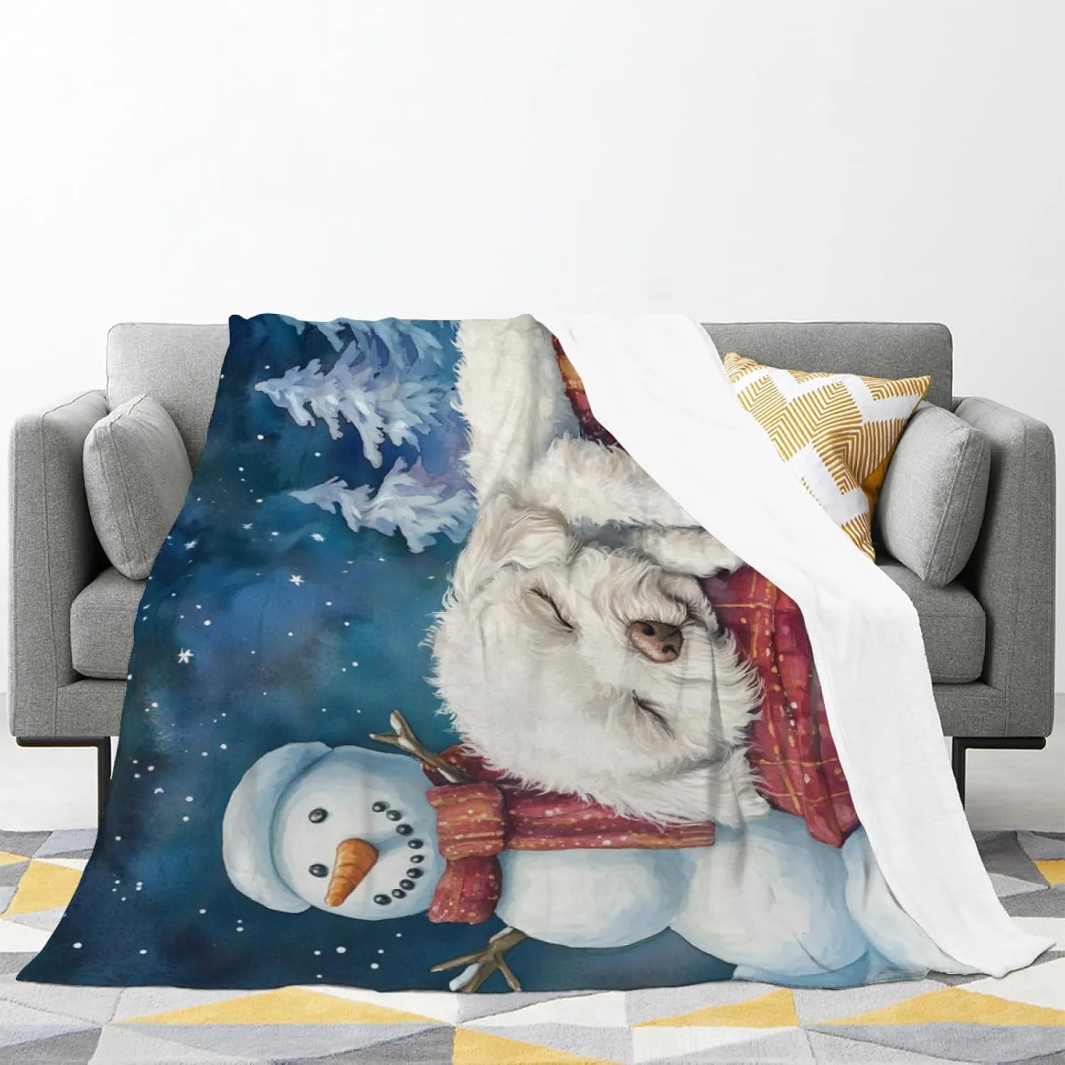 Cute Dreaming Bichon Frise Christmas Throw Blanket for Couch, Snowman and Snowing, Cozy Plush Flannel Blanket for Bed Sofa Room Decor, Girlfriends Boyfriends Teens 50x60 Inch